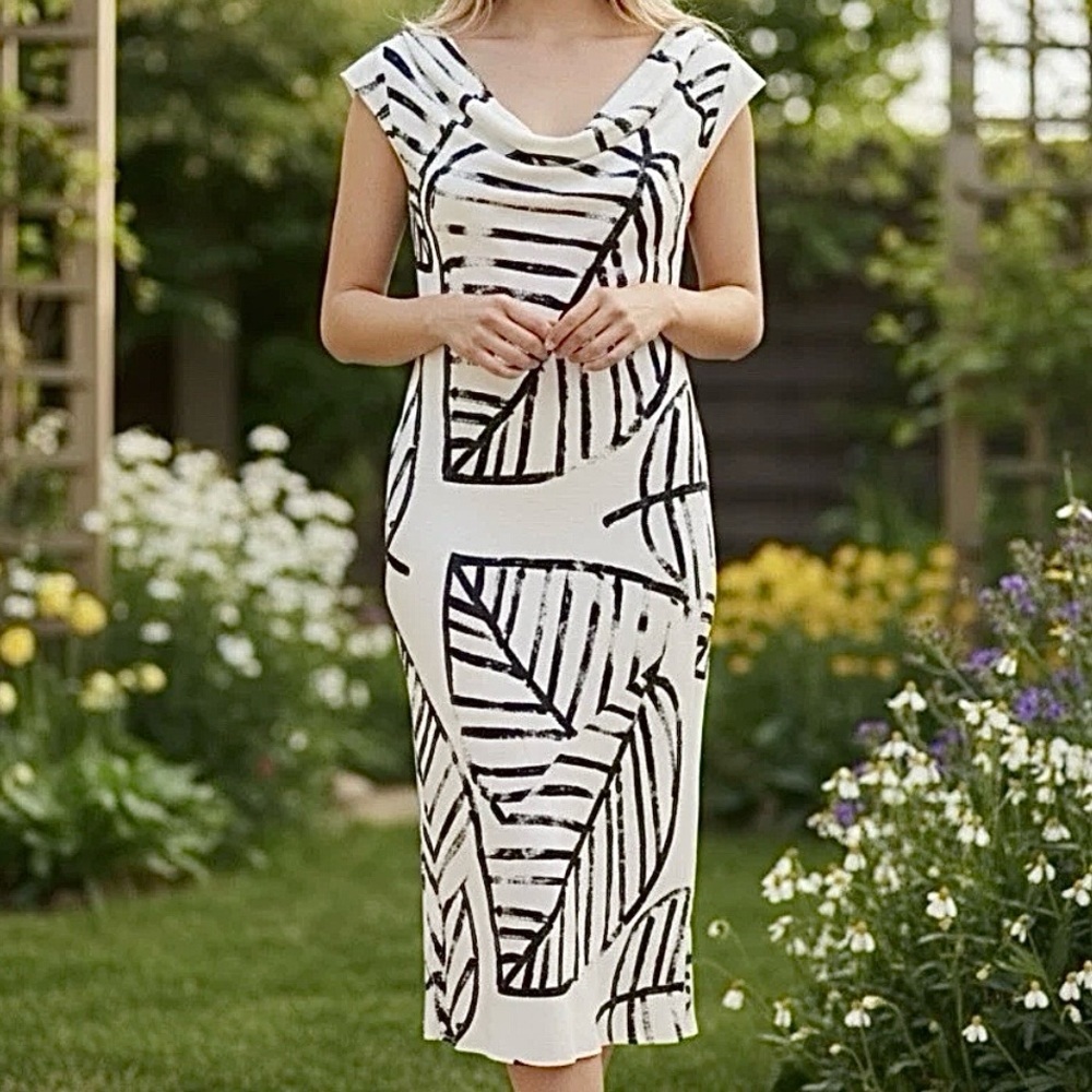 NIC+ZOE Women’s Dress Beige & Black Leaf Print Cowl Neck Midi Size 8